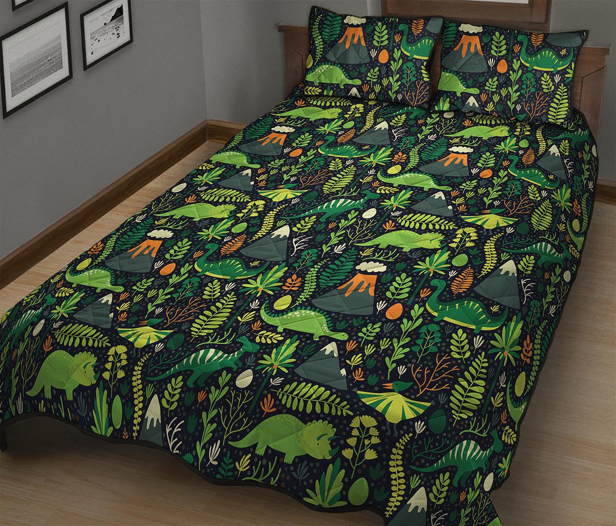 Cute Dinosaur And Floral Pattern Print Quilt Bed Set