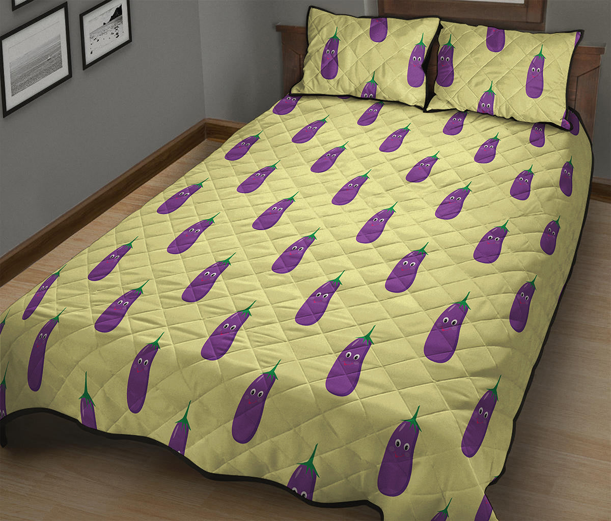 Cute Eggplant Pattern Print Quilt Bed Set