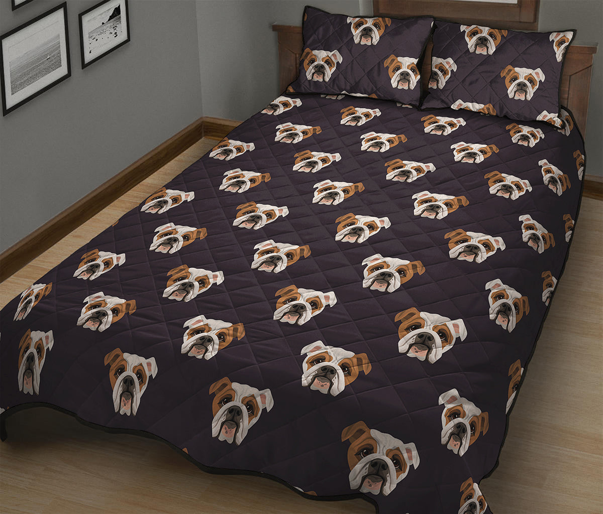 Cute English Bulldog Pattern Print Quilt Bed Set