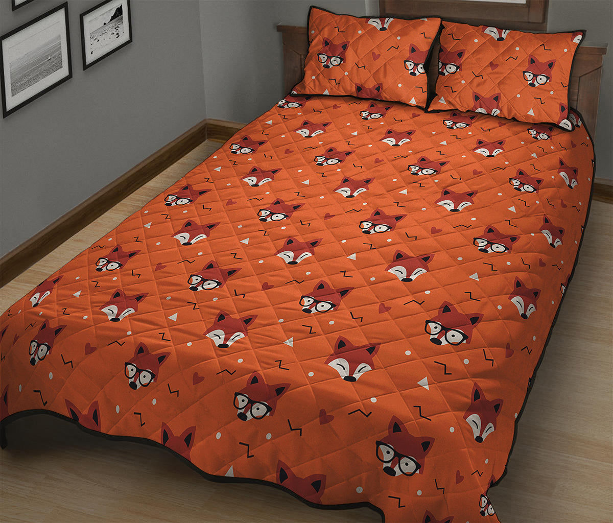 Cute Fox Pattern Print Quilt Bed Set