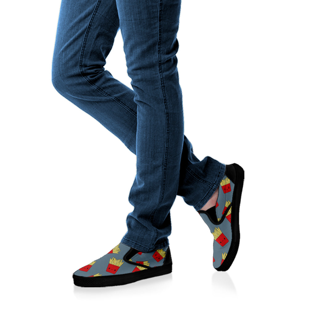 Cute French Fries Pattern Print Black Slip On Shoes