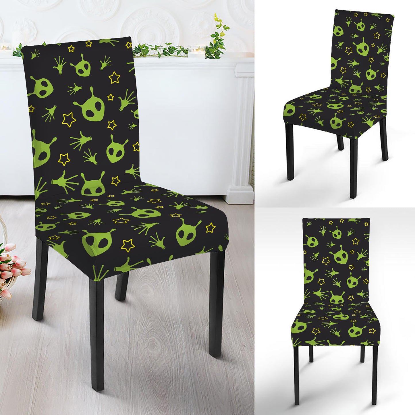 Cute Green Alien Pattern Print Dining Chair Slipcover