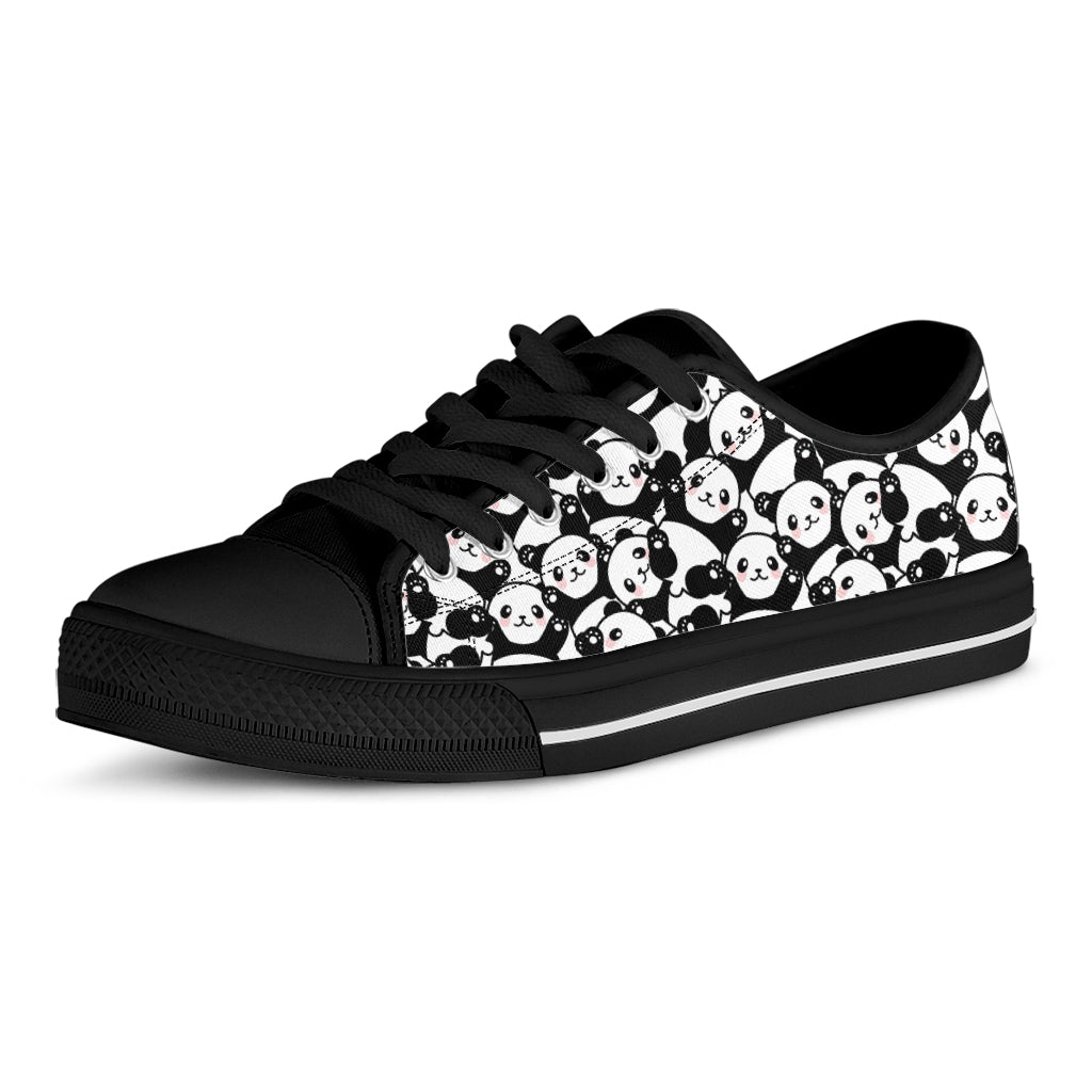 Cute Happy Panda Pattern Print Black Low Top Shoes