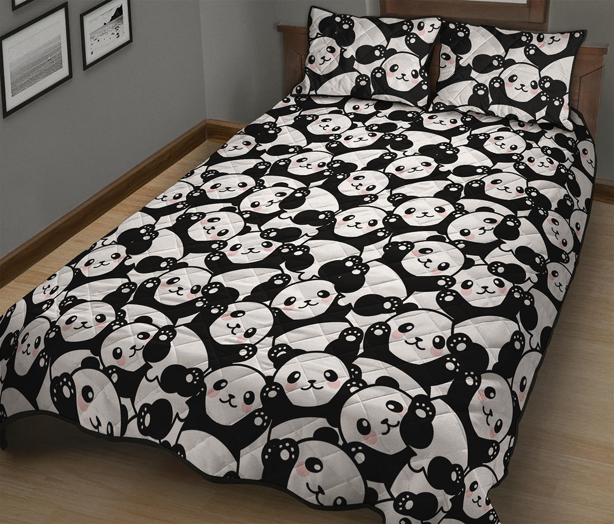 Cute Happy Panda Pattern Print Quilt Bed Set