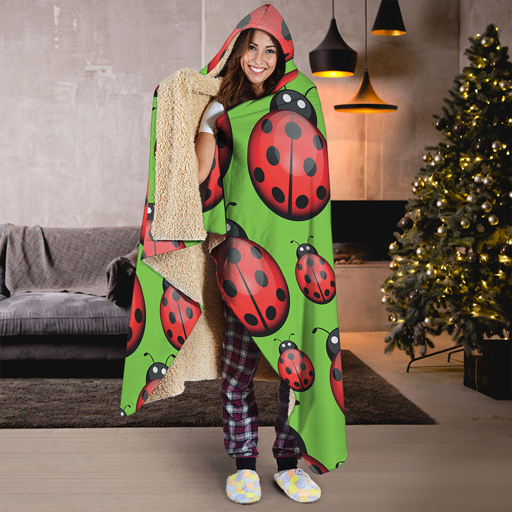 Cute Ladybug Pattern Print Hooded Blanket