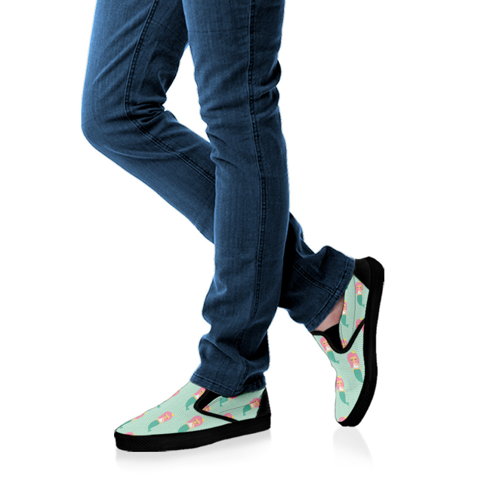 Cute Mermaid Pattern Print Black Slip On Shoes