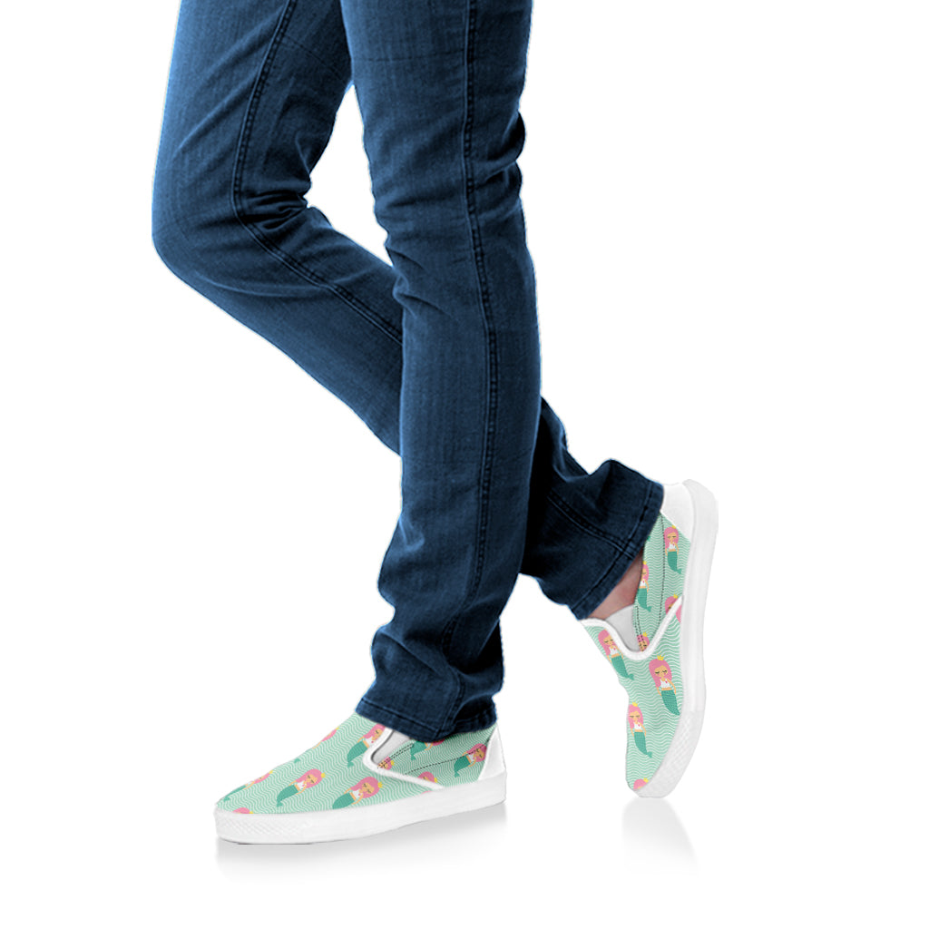 Cute Mermaid Pattern Print White Slip On Shoes