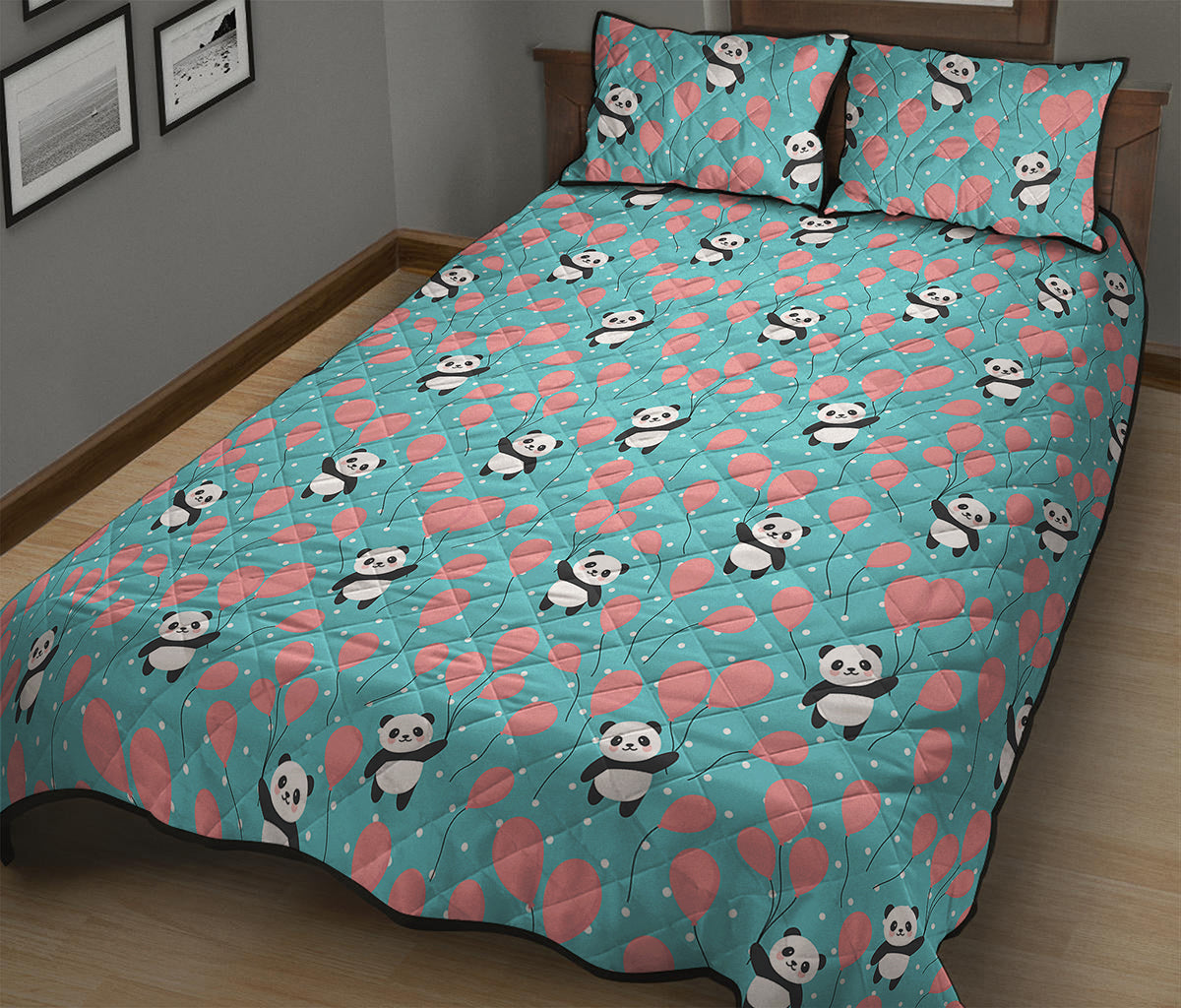 Cute Panda And Balloon Pattern Print Quilt Bed Set
