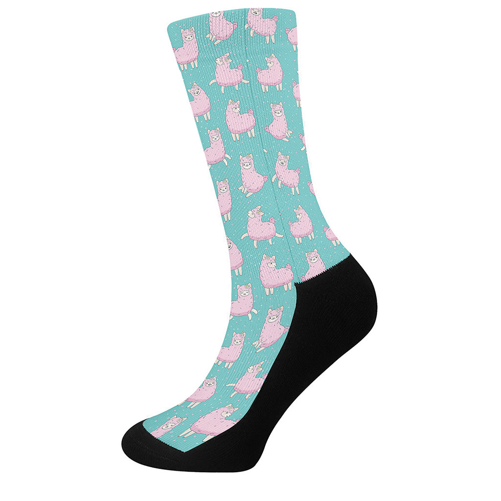Cute Pink Llama Pattern Print Crew Socks
