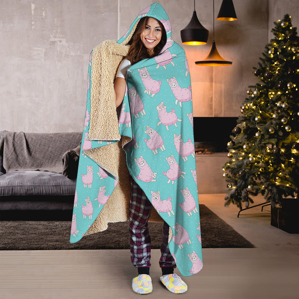 Cute Pink Llama Pattern Print Hooded Blanket