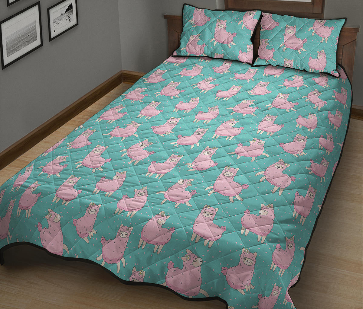 Cute Pink Llama Pattern Print Quilt Bed Set