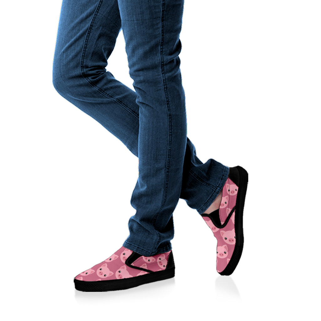 Cute Pink Pig Pattern Print Black Slip On Shoes