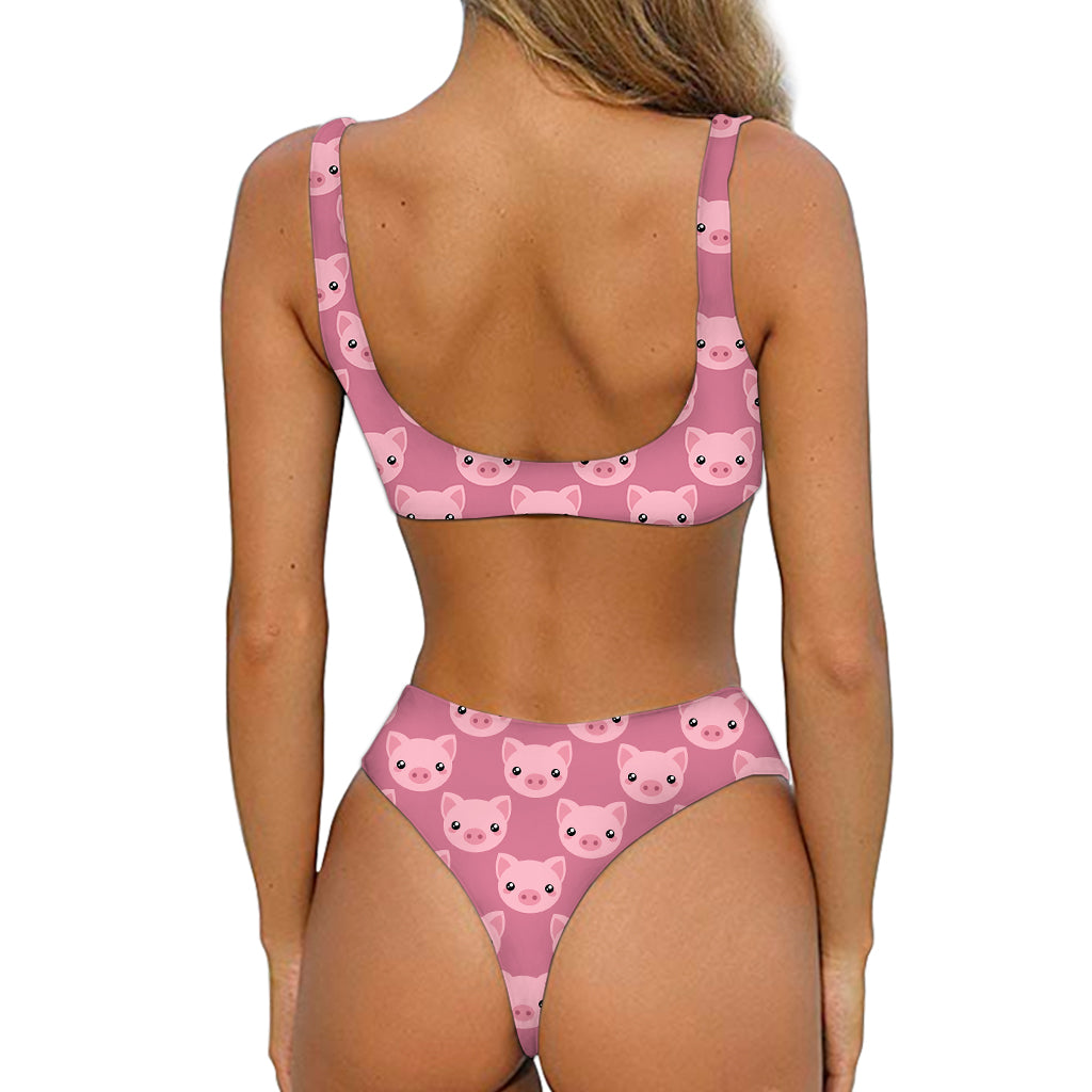 Cute Pink Pig Pattern Print Front Bow Tie Bikini