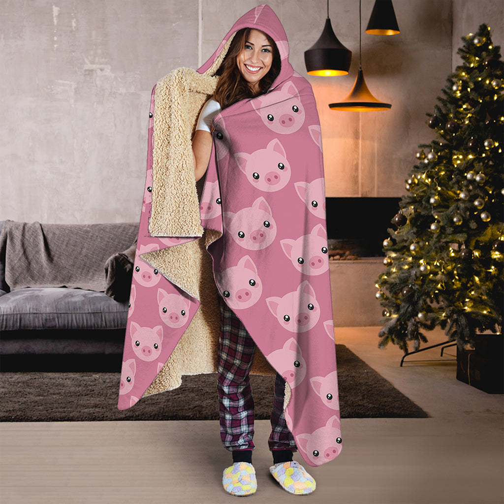 Cute Pink Pig Pattern Print Hooded Blanket