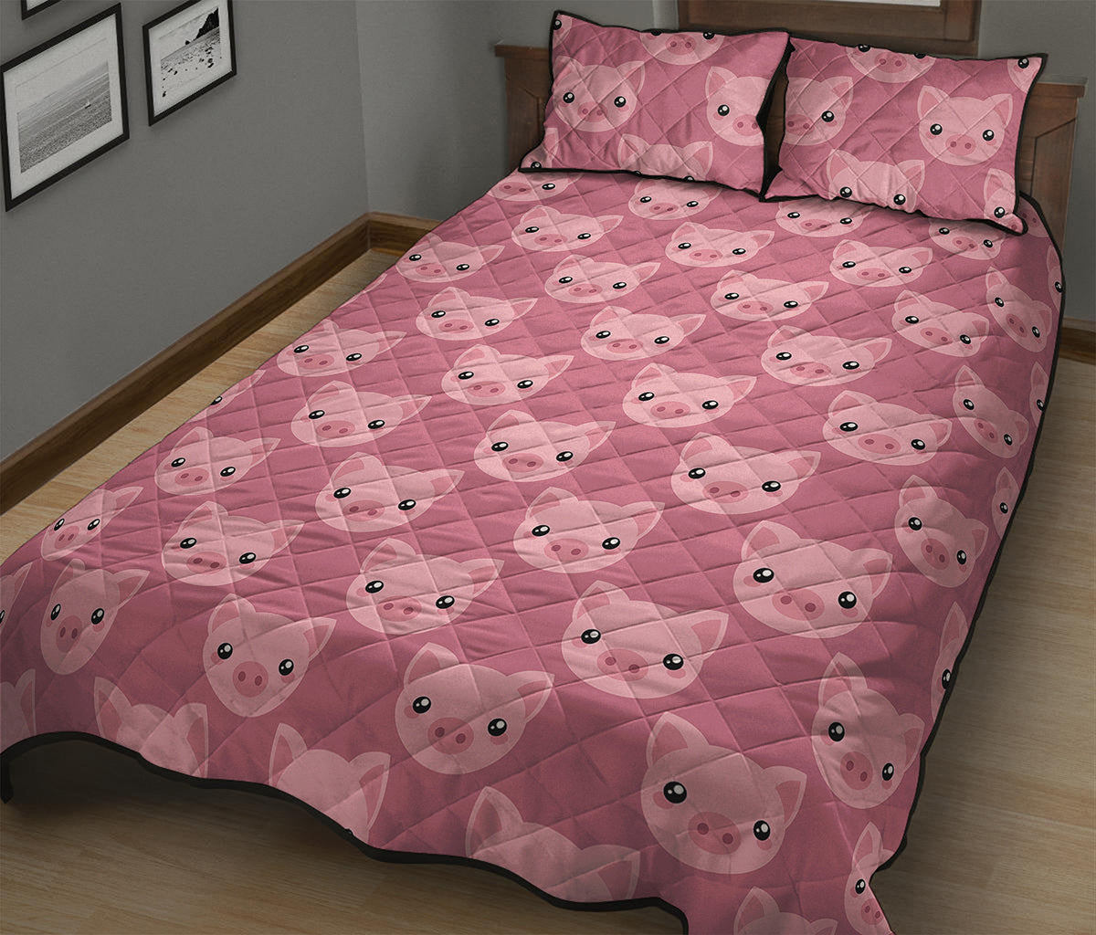 Cute Pink Pig Pattern Print Quilt Bed Set