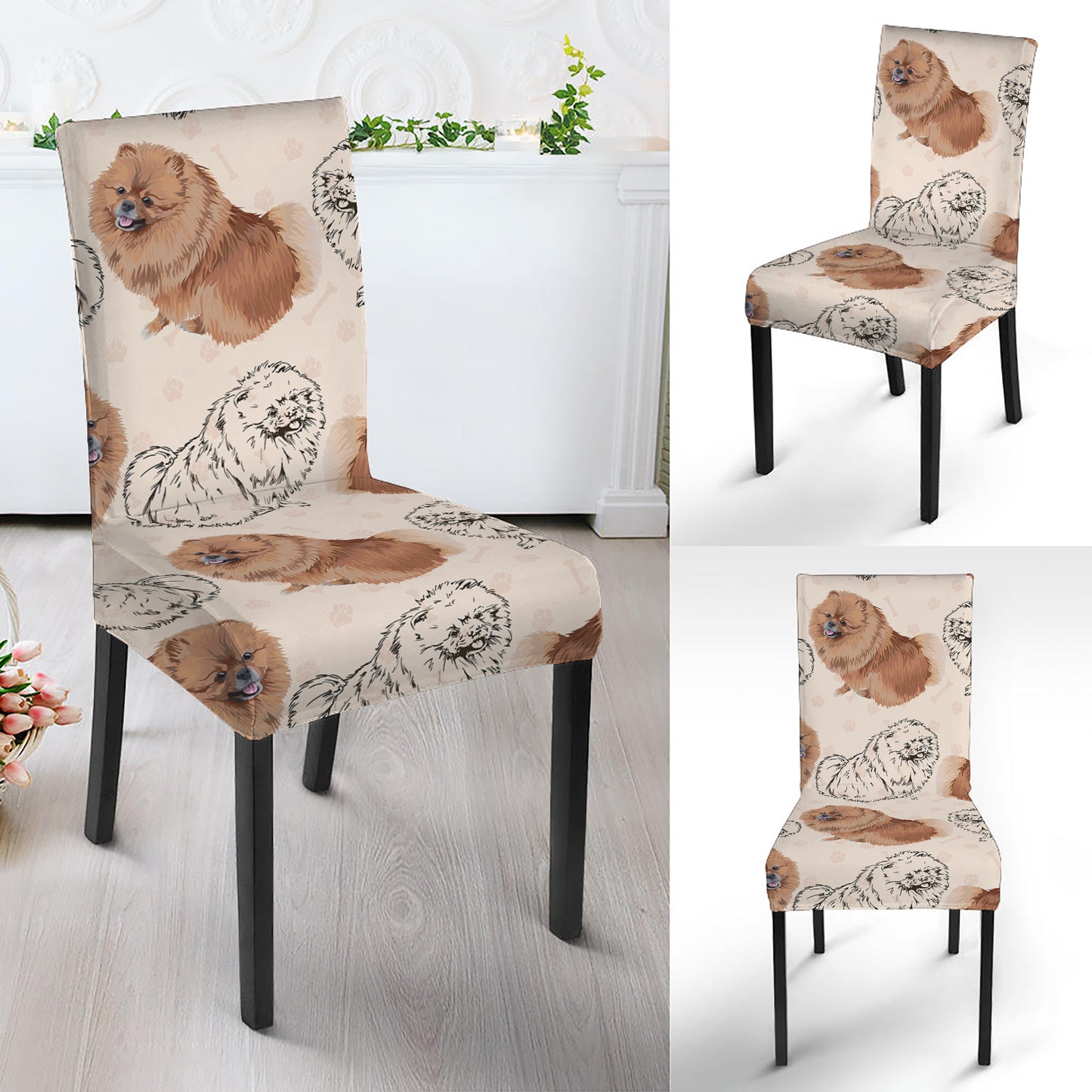 Cute Pomeranian Pattern Print Dining Chair Slipcover