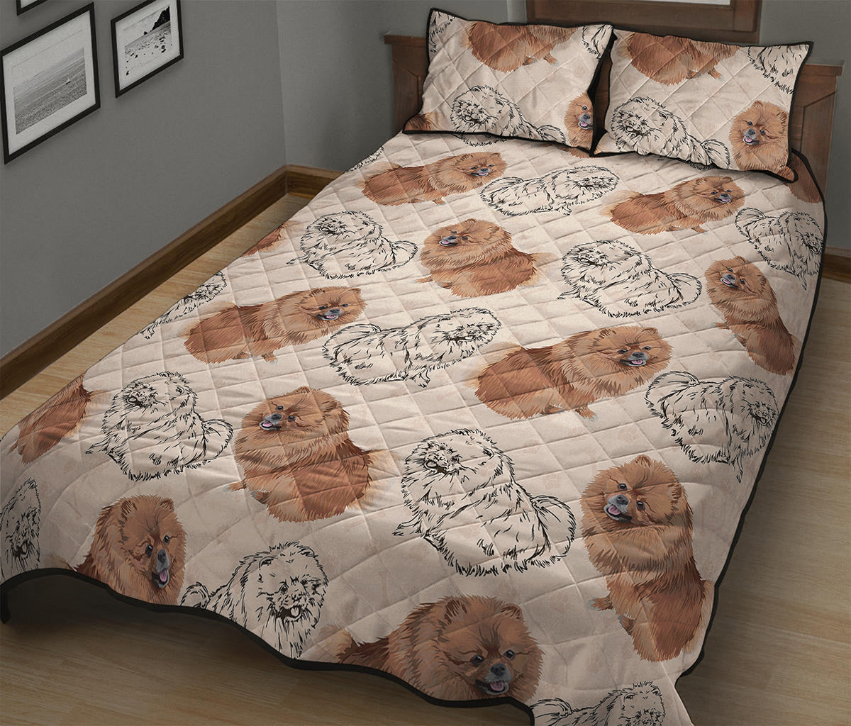 Cute Pomeranian Pattern Print Quilt Bed Set