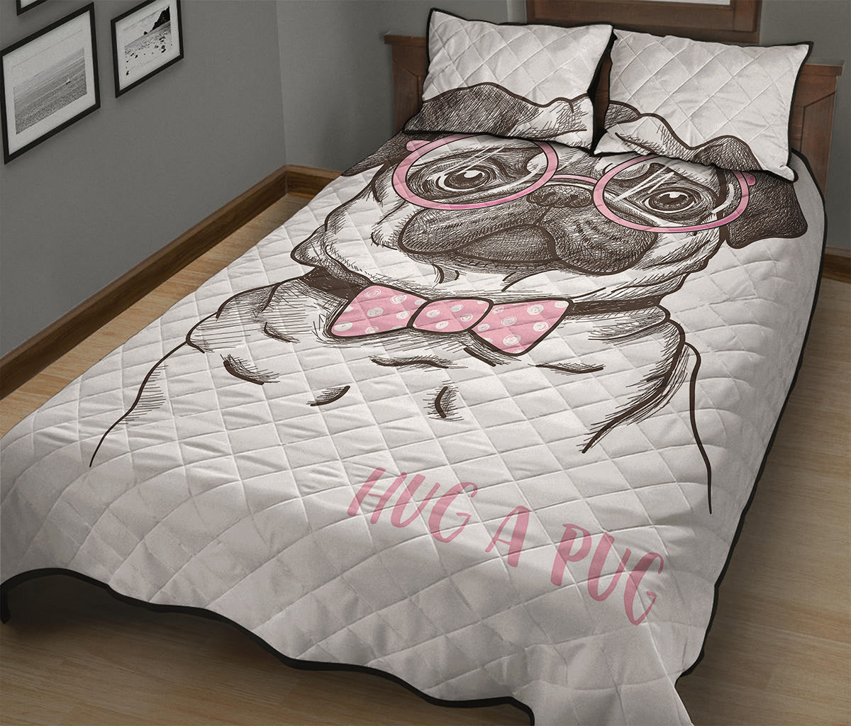 Cute Pug With Glasses Print Quilt Bed Set