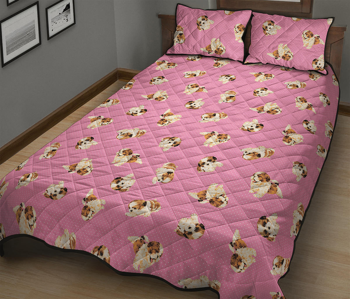 Cute Shih Tzu Pattern Print Quilt Bed Set