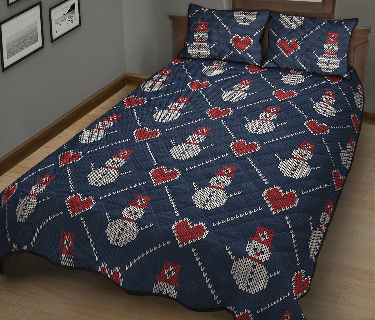 Cute Snowman Knitted Pattern Print Quilt Bed Set