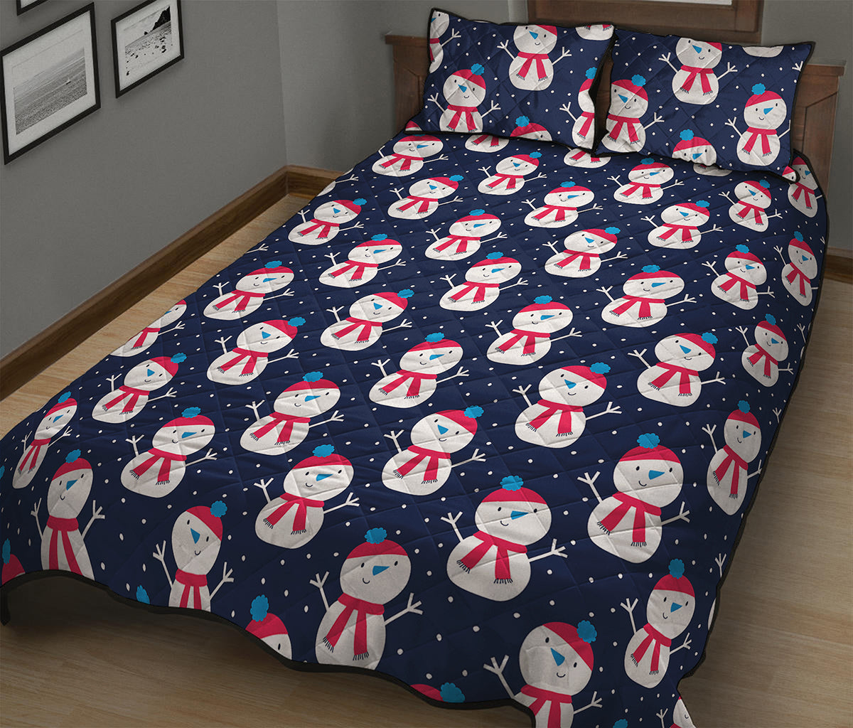 Cute Snowman Pattern Print Quilt Bed Set