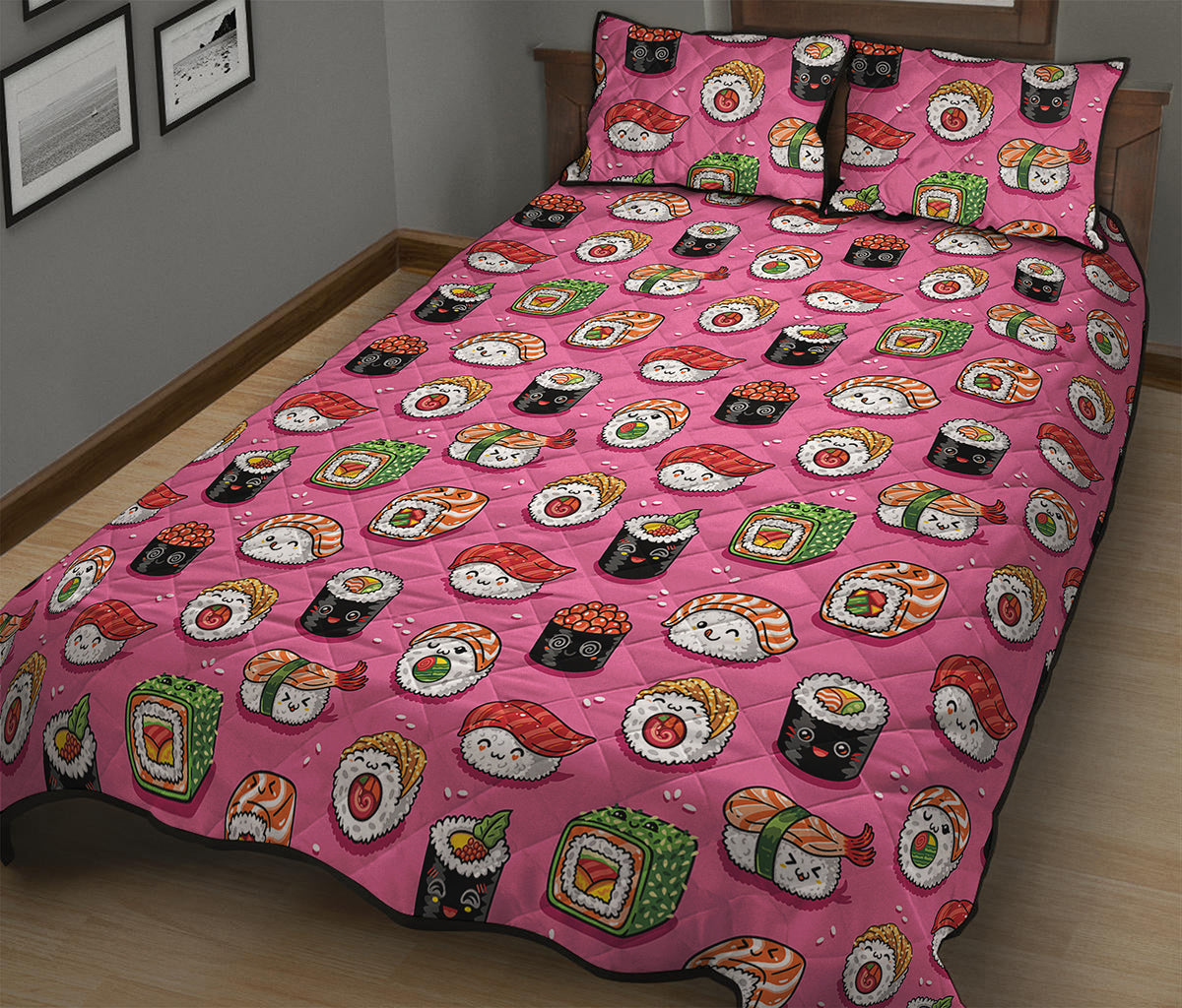 Cute Sushi And Rolls Pattern Print Quilt Bed Set