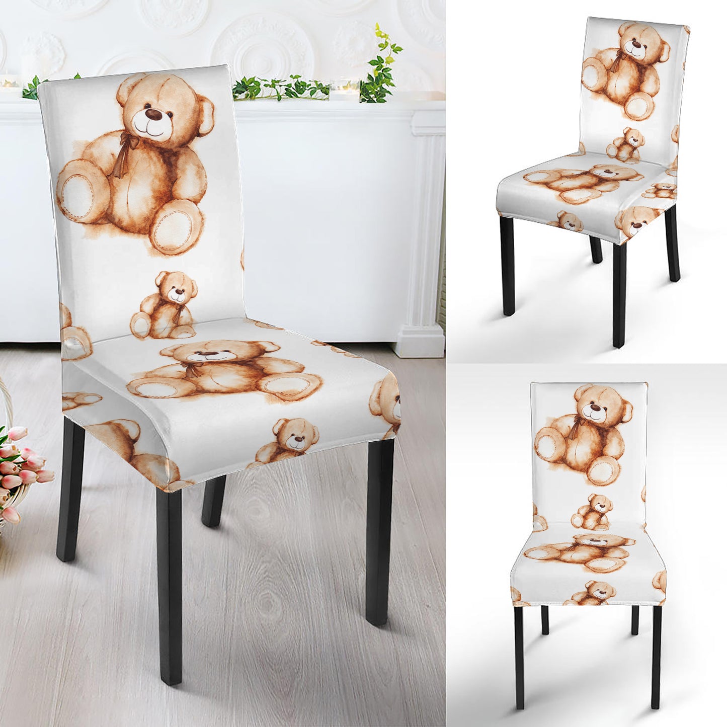 Cute Teddy Bear Pattern Print Dining Chair Slipcover