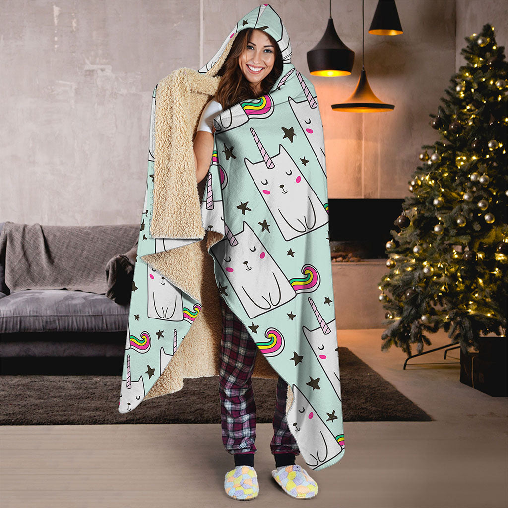 Cute Unicorn Cat Pattern Print Hooded Blanket