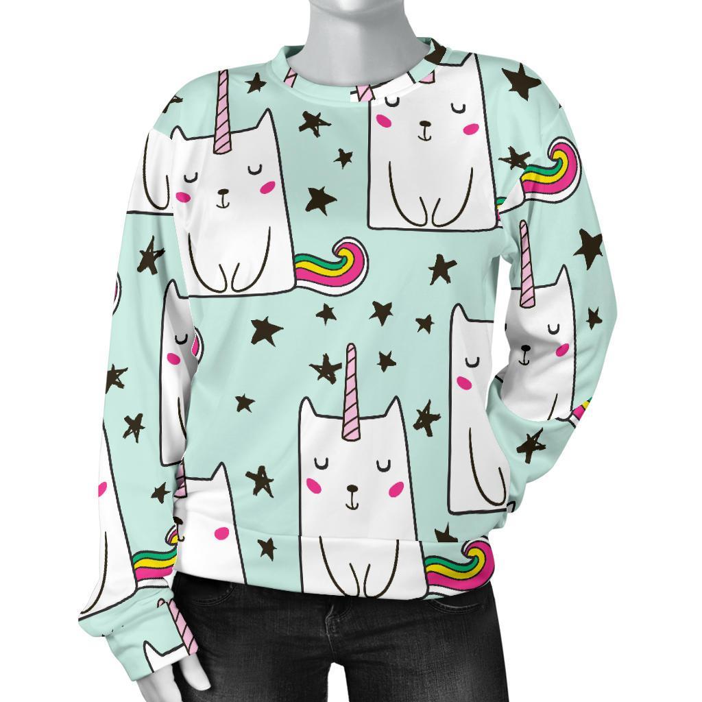Cute Unicorn Cat Pattern Print Women's Crewneck Sweatshirt GearFrost
