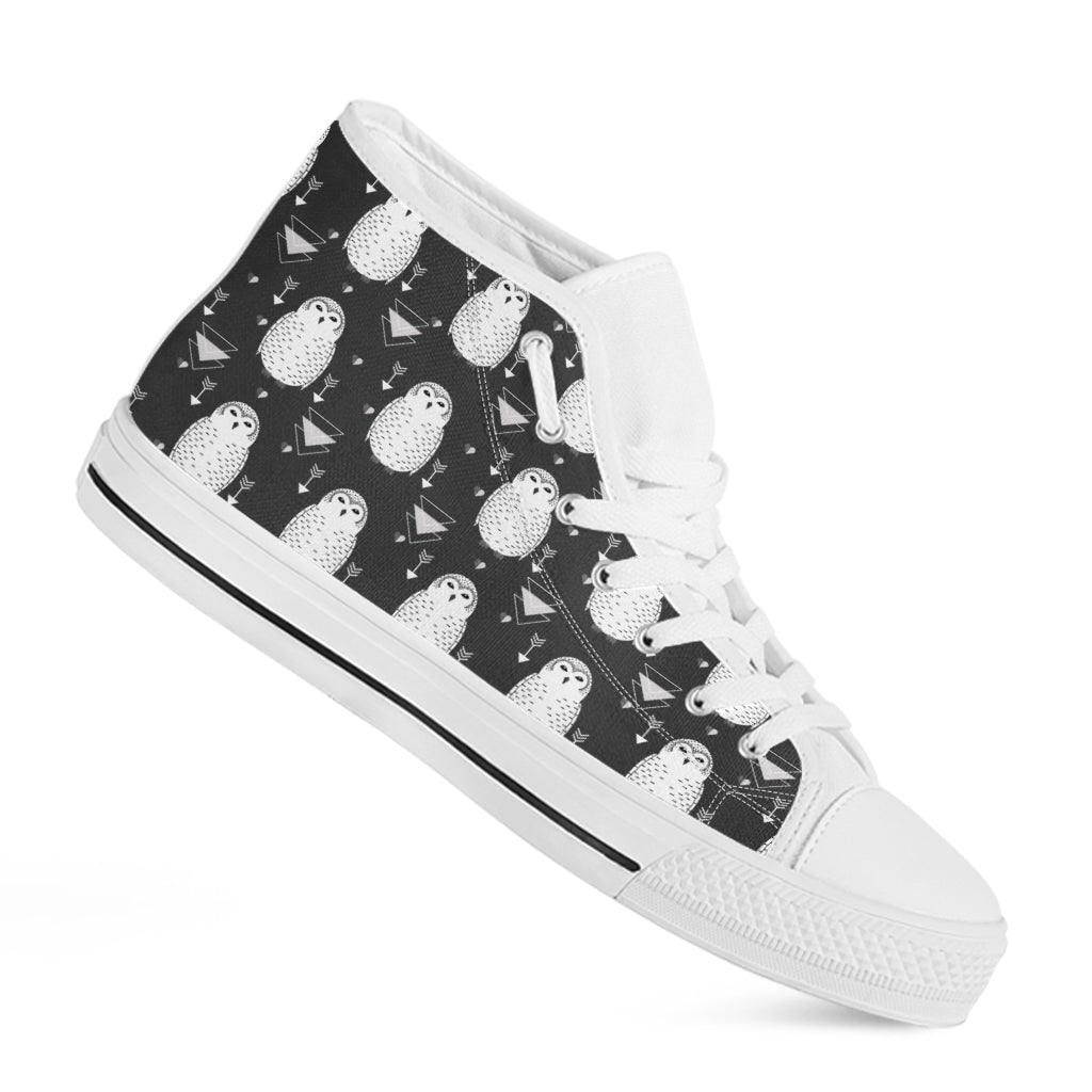 Cute White And Grey Owl Pattern Print White High Top Shoes