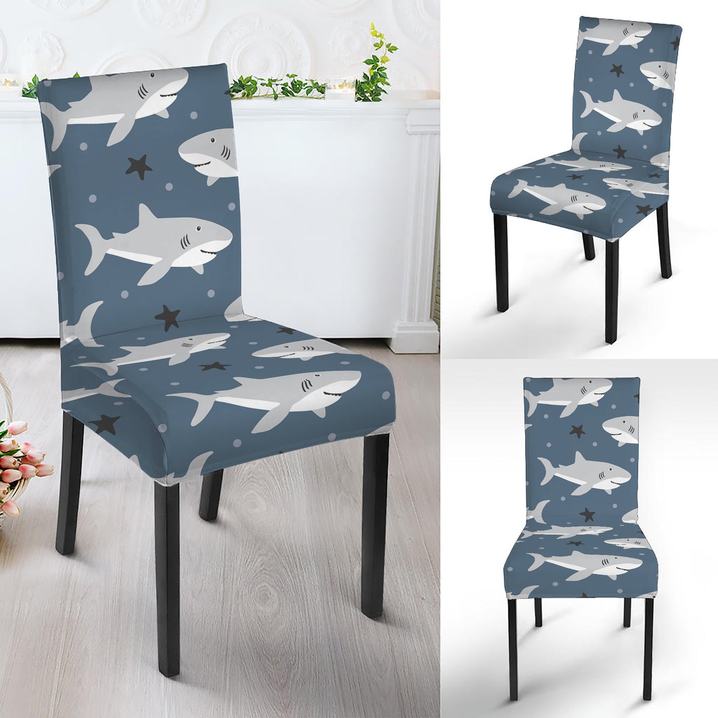 Cute White Shark Pattern Print Dining Chair Slipcover