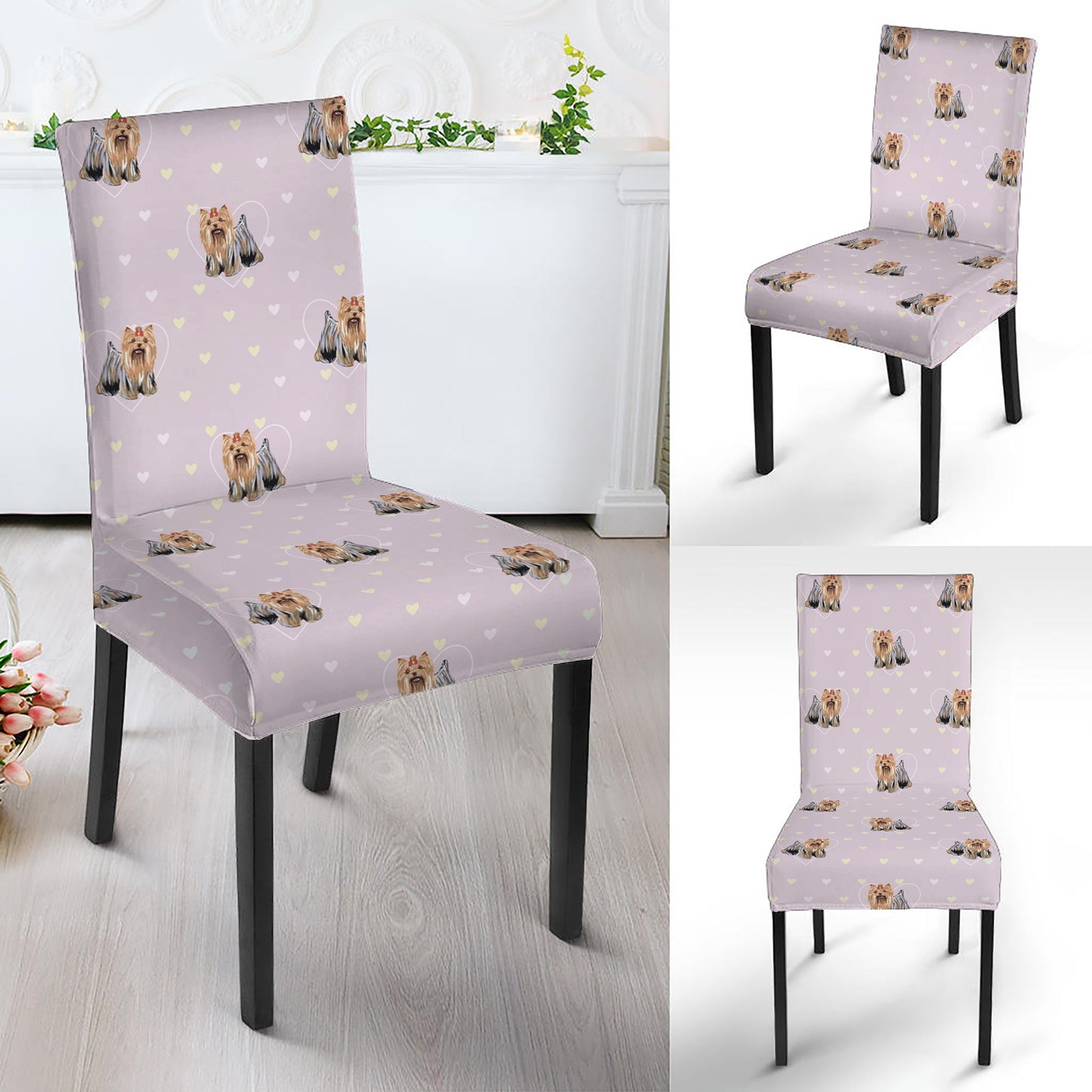 Cute Yorkshire Terrier Pattern Print Dining Chair Slipcover