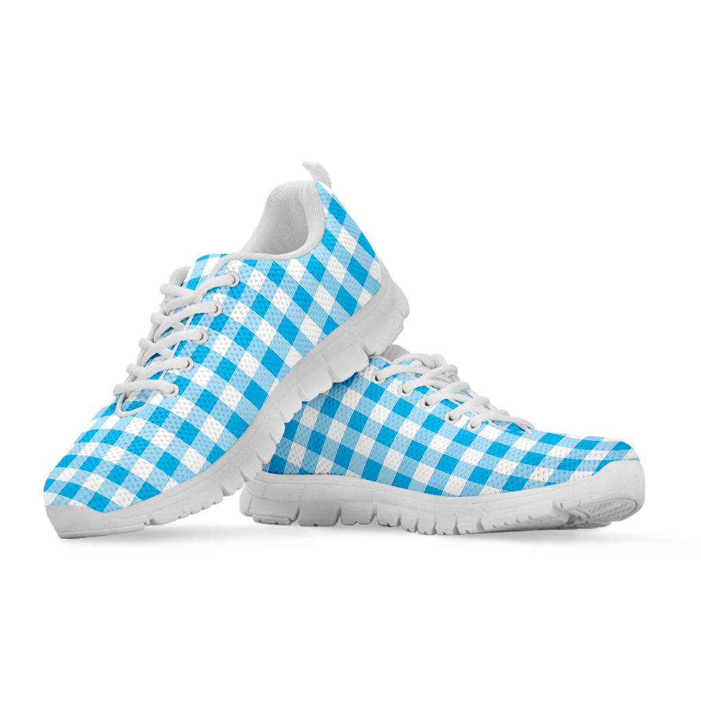 Cyan Blue And White Gingham Print White Sneakers