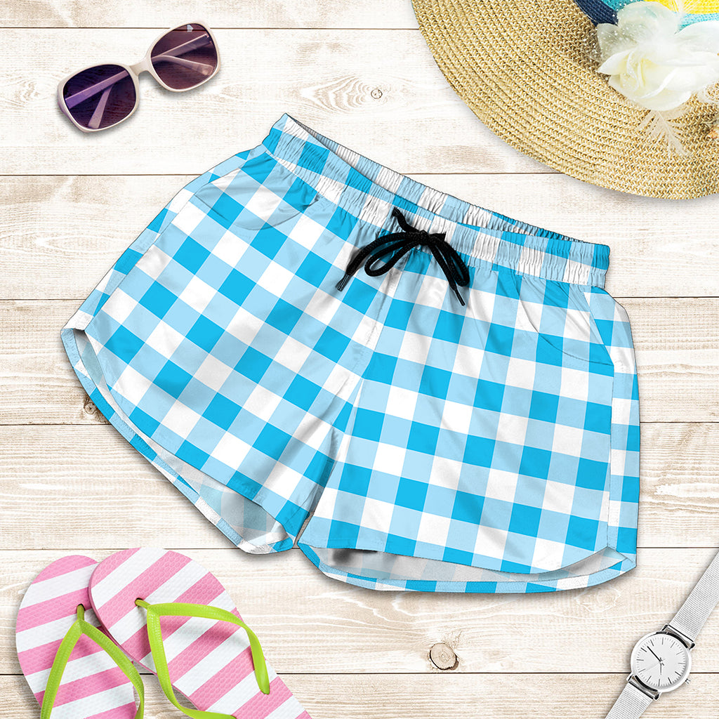 Cyan Blue And White Gingham Print Women's Shorts