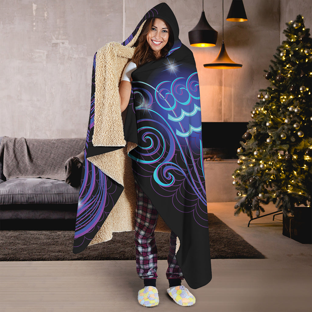 Dark Aquarius Zodiac Sign Print Hooded Blanket