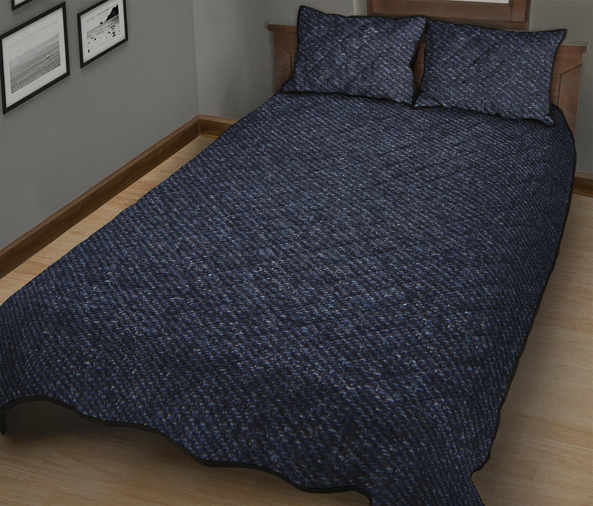 Dark Blue Denim Jeans Print Quilt Bed Set