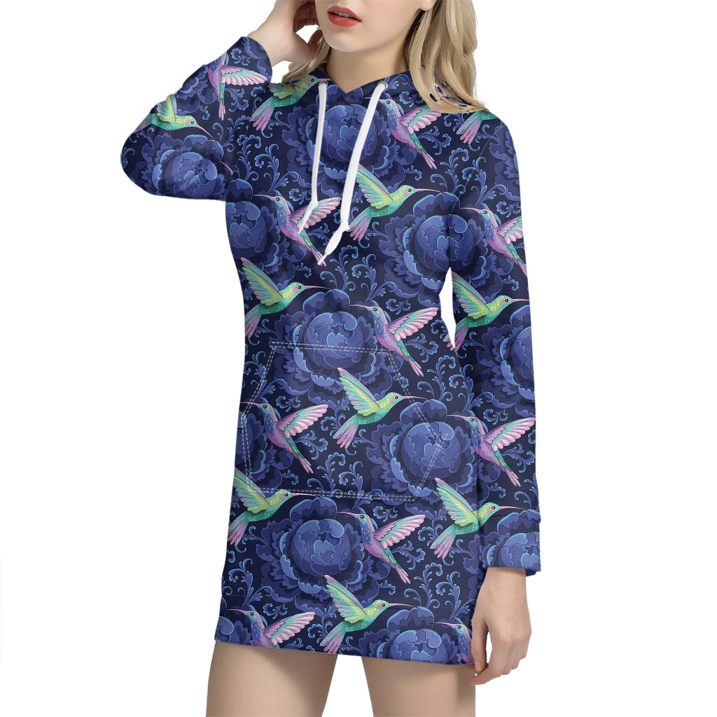 Dark Blue Floral Hummingbird Print Hoodie Dress