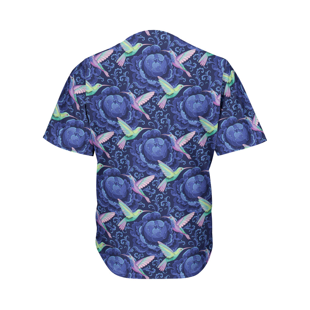 Dark Blue Floral Hummingbird Print Men's Baseball Jersey