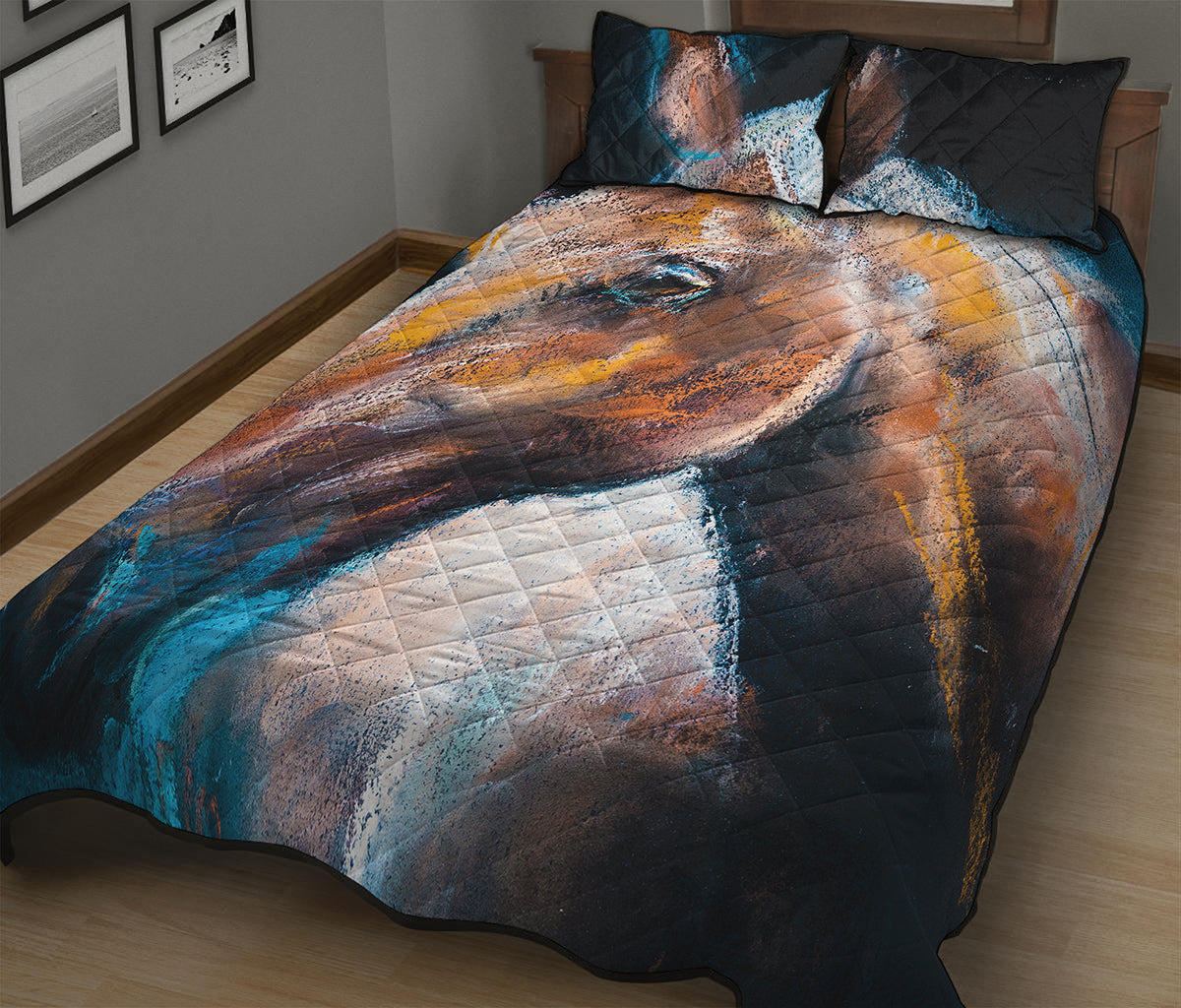 Dark Blue Horse Painting Print Quilt Bed Set