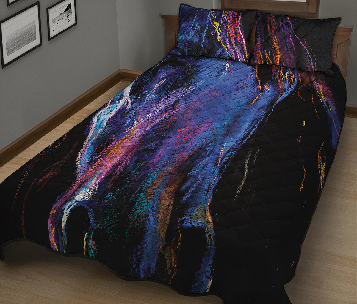 Dark Blue Horse Portrait Print Quilt Bed Set
