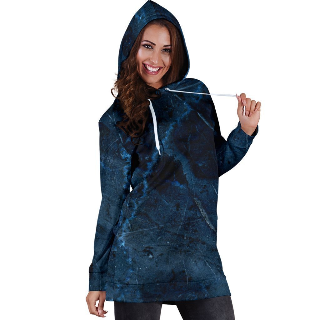 Dark Blue Marble Print Hoodie Dress GearFrost