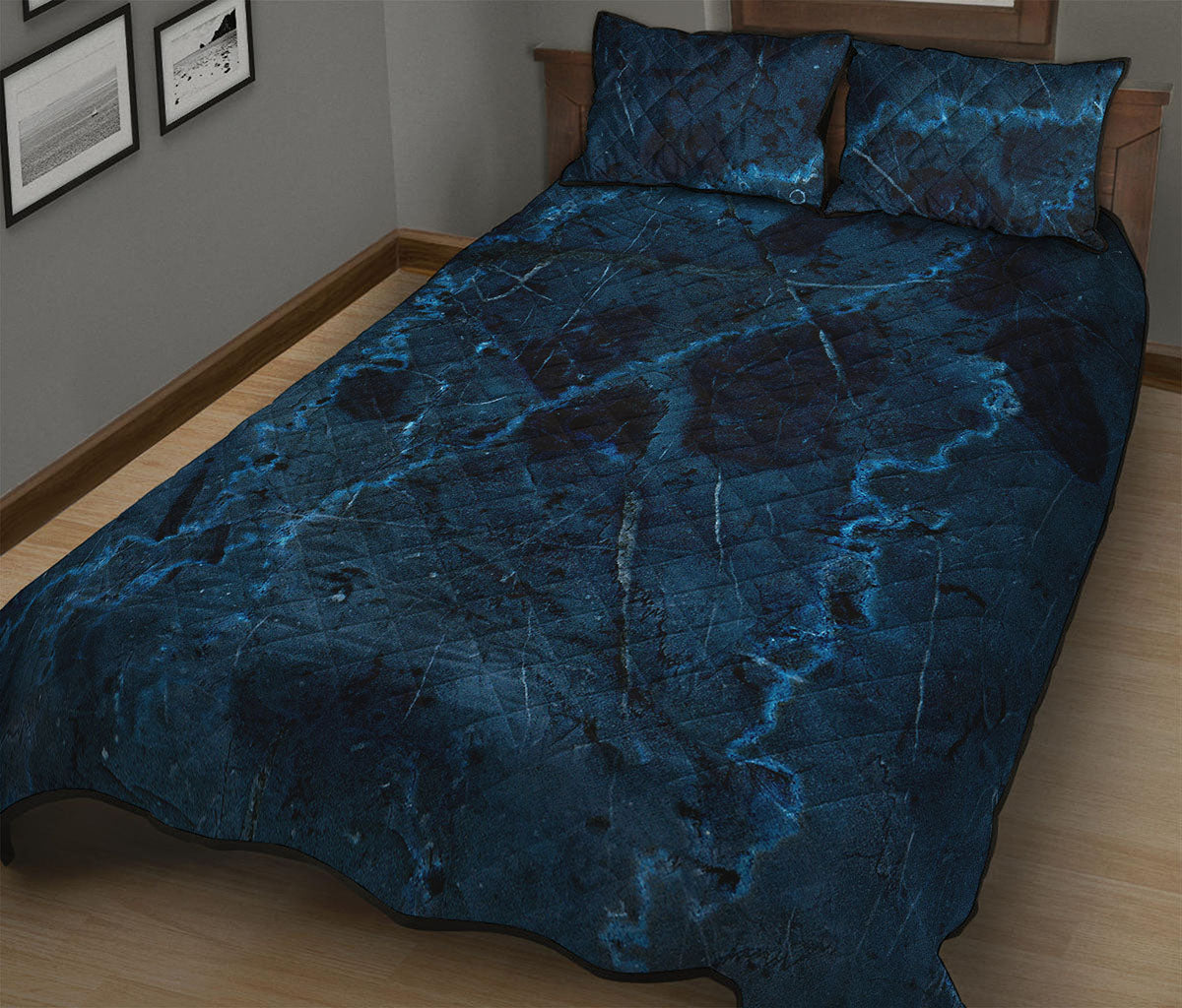 Dark Blue Marble Print Quilt Bed Set