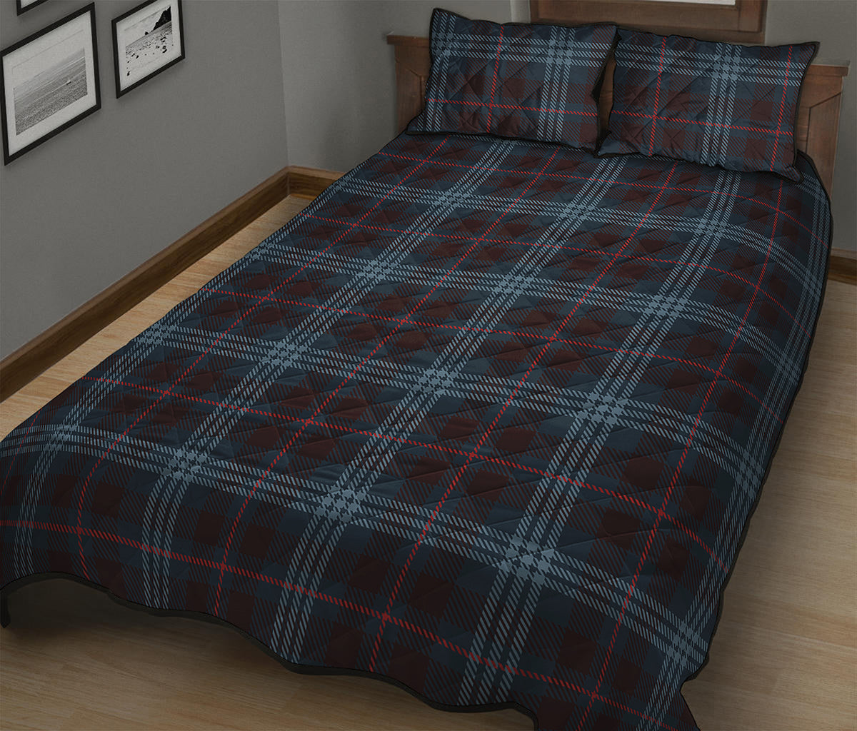 Dark Blue Tartan Pattern Print Quilt Bed Set