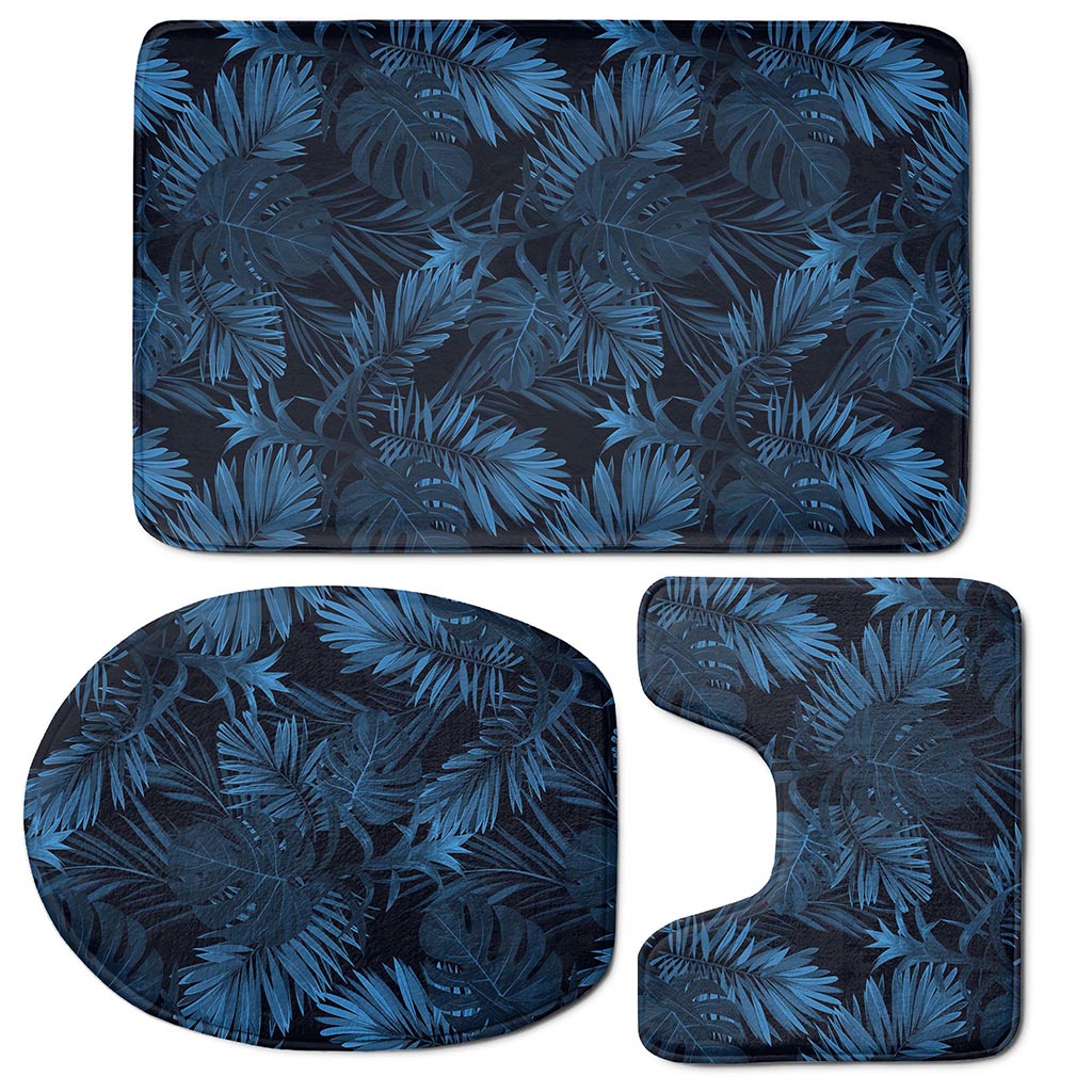 Dark Blue Tropical Leaf Pattern Print 3 Piece Bath Mat Set
