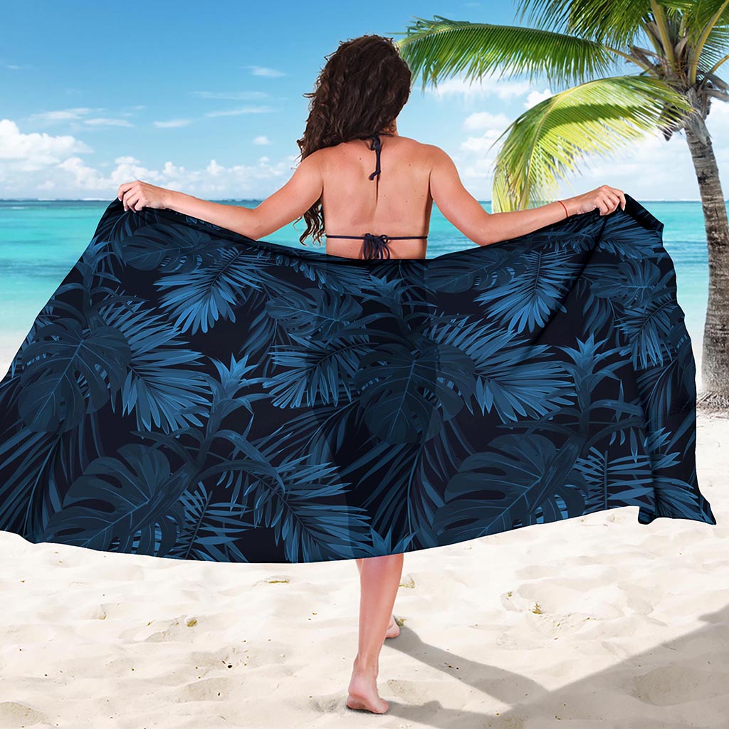 Dark Blue Tropical Leaf Pattern Print Beach Sarong Wrap