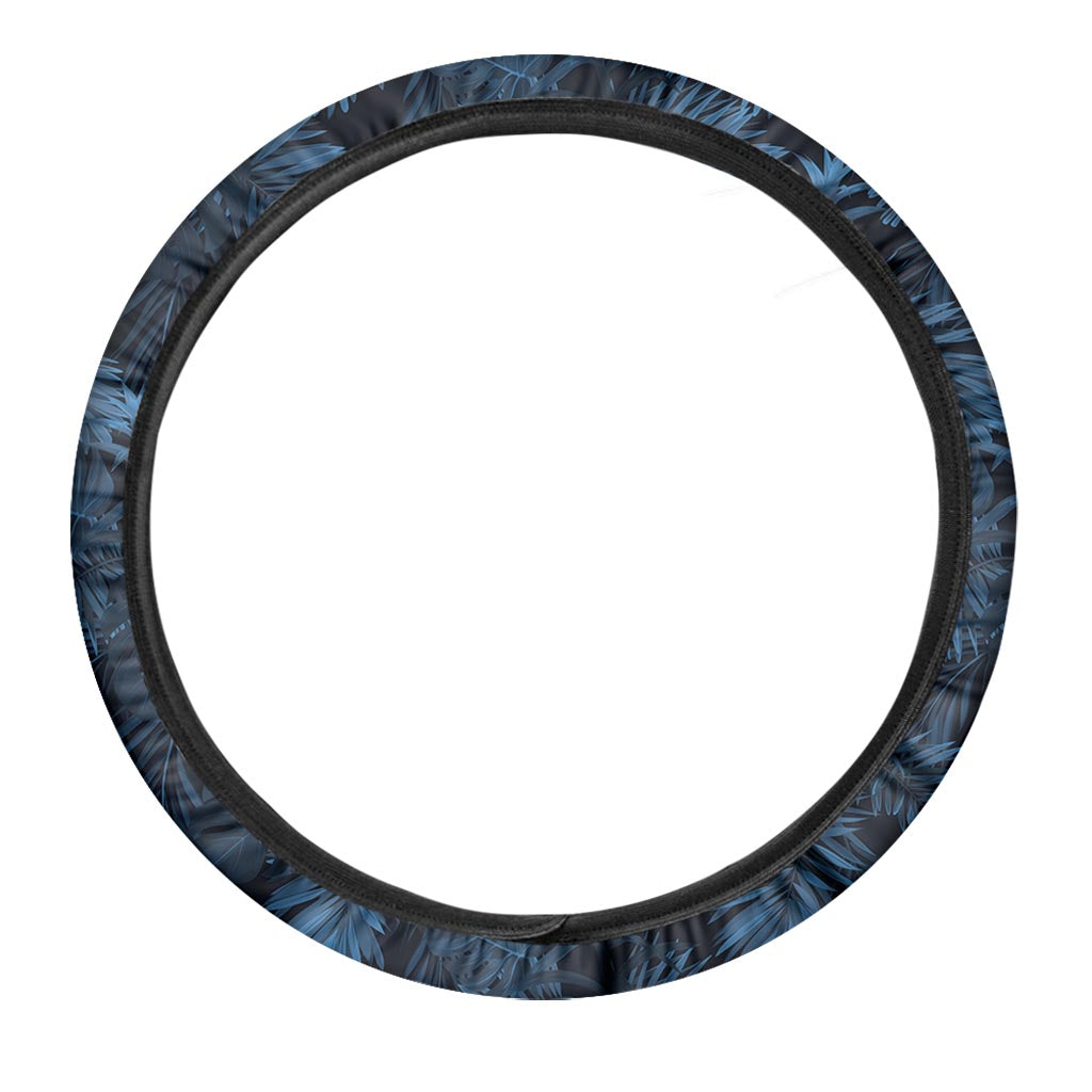 Dark Blue Tropical Leaf Pattern Print Car Steering Wheel Cover