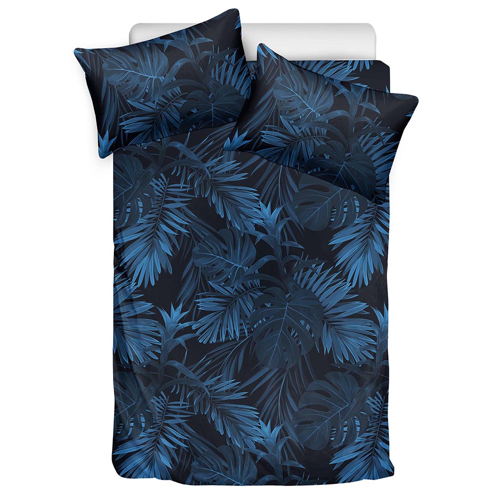 Dark Blue Tropical Leaf Pattern Print Duvet Cover Bedding Set