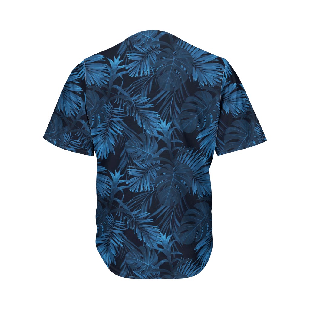 Dark Blue Tropical Leaf Pattern Print Men's Baseball Jersey
