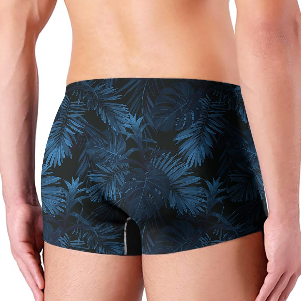 Dark Blue Tropical Leaf Pattern Print Men's Boxer Briefs