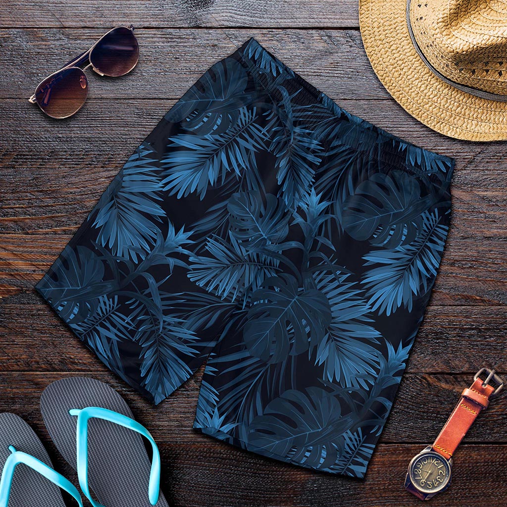 Dark Blue Tropical Leaf Pattern Print Men's Shorts